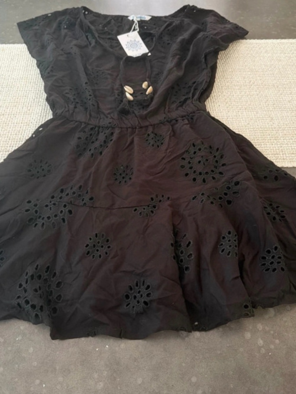blue island Black Eyelet Mini Dress with Shell Accents